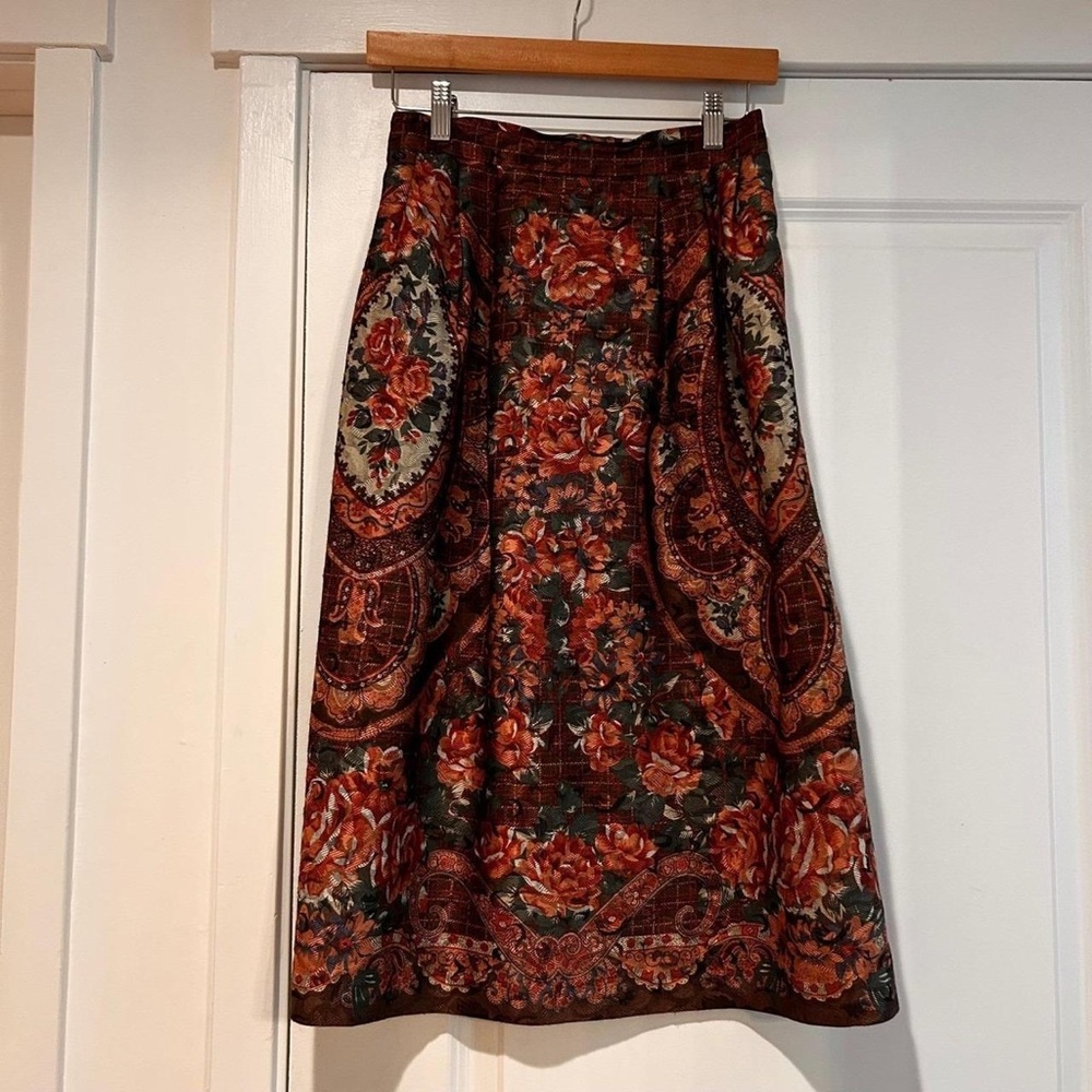 Petite Sophisticate Burgundy Floral Paisley Midi Skirt with Green Accents